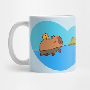 Capybara swimming with a bird and a frog Mug